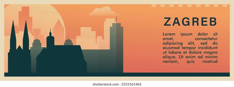 Zagreb city brutalism vector banner with skyline, cityscape. Croatia capital retro horizontal illustration. Travel layout for web presentation, header, footer