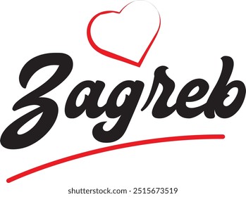 Zagreb city text design with red heart typographic icon design suitable for touristic promotion