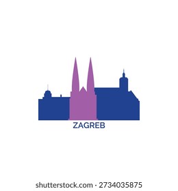 Zagreb cityscape, skyline, panoramic vector logo, icon, clipart. Croatia city emblem contour with landmarks and buildings silhouettes