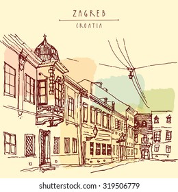 Zagreb, Croatia, Balkans, Europe. Old European city view. Hand drawn vintage postcard or poster in vector