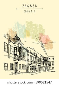 Zagreb, Croatia, Balkans, Europe. Street in old town.  Vintage hand drawn travel postcard or poster, eps 10 vector illustration