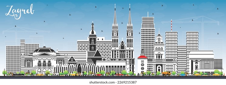 Esquina de la ciudad de Zagreb Croacia con edificios de color y cielo azul. Ilustración vectorial. El paisaje urbano de Zagreb con monumentos. Concepto de viajes de negocios y turismo con arquitectura histórica.