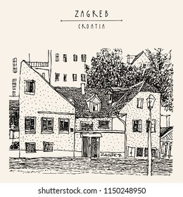 Zagreb, Croatia, Europe. Street in old town. Vintage hand drawn postcard. Vector illustration