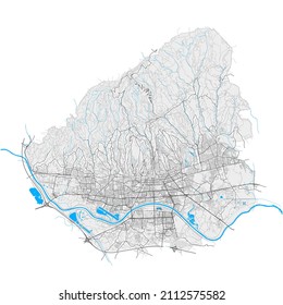 Zagreb, Zagreb, Croatia high resolution vector map with city boundaries and editable paths. White outlines for main roads. Many detailed paths. Blue shapes and lines for water.