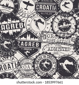 Zagreb, Croatia Pattern of Stamps. Travel Passport Stamps. Made In Product. Design Seals in Old Style Insignia Seamless. Icon Clip Art Vector Collection.
