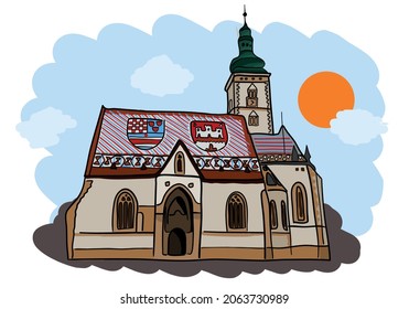 Zagreb, Croatia - St. Mark's Church, vector colored illustration ready to print