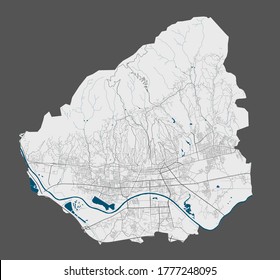 Zagreb map. Detailed vector map of Zagreb city administrative area. Poster with streets and water on grey background.