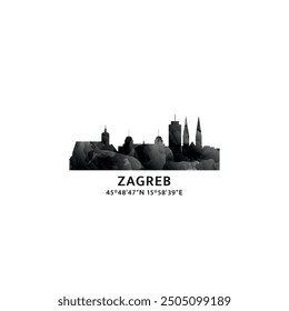 Zagreb panorama, vector badge, skyline logo and icon. Croatia city horizon logotype with landmarks and building silhouettes. Isolated foggy abstract gradient graphic