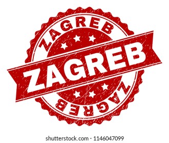ZAGREB seal print with corroded texture. Rubber seal imitation has round medal form and contains ribbon. Red vector rubber print of ZAGREB caption with unclean texture.