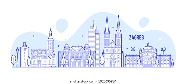 Zagreb Skyline, Kroatien. Diese Abbildung stellt die Stadt mit ihren bemerkenswertesten Gebäuden dar. Vektorgrafik ist vollständig editierbar, jedes Objekt ist holistisch und beweglich