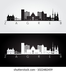 Zagreb skyline and landmarks silhouette, black and white design, vector illustration.