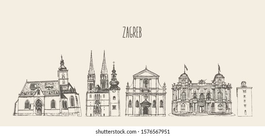 Zagreb skyline with its main attractions, Croatia, hand drawn vector illustration, sketch