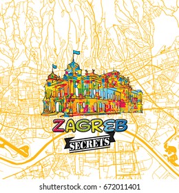 Zagreb Travel Secrets Art Map for mapping experts and travel guides. Handmade city logo, typo badge and hand drawn vector image on top are grouped and moveable.
