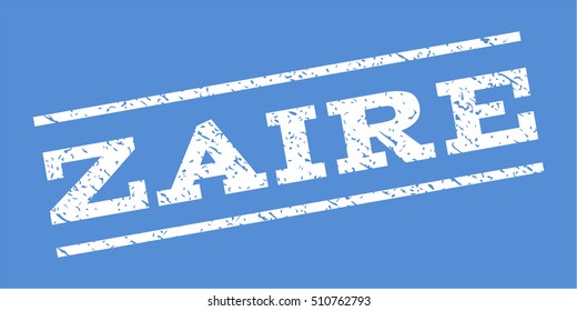 Zaire watermark stamp. Text tag between parallel lines with grunge design style. Rubber seal stamp with unclean texture. Vector white color ink imprint on a blue background.