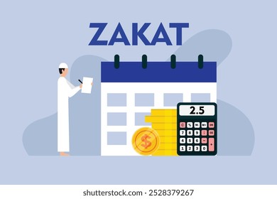 Zakat Calculation Concept with Calendar, Coins, and Calculator - Islamic Charity Giving 2d flat vector illustration