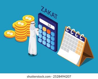 Zakat Calculation Concept with Calendar, Coins, and Financial Tools 3d isometric vector illustration