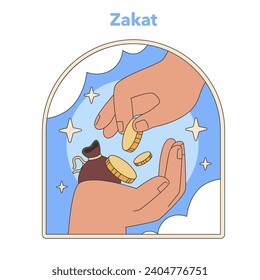Zakat charity concept depicted with coins handed to the needy. Illustrates the Islamic pillar of giving, in a starlit backdrop. Flat vector illustration