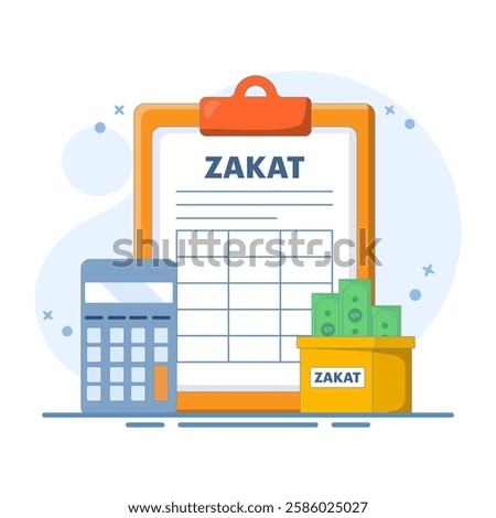 Zakat Concept Design. Zakat Document with Calculator and Box Vector Illustration. Islamic Ramadan about giving alms or sharing with others on landing page. Paying Zakat. Flat vector illustration.