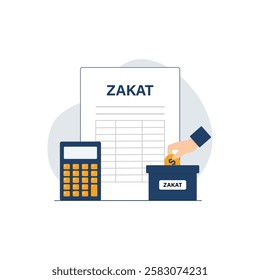 Zakat Document with Calculator and Box Vector Illustration. Zakat Concept Design