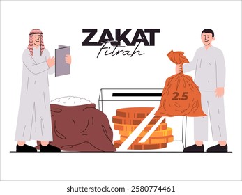 Zakat Eid Fitr Muslim Islam obligation sharing caring help poor people charity money box rice giving receiving arabian people clothes icon design set