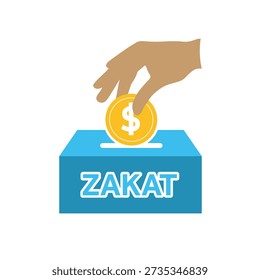 Zakat icon. Ramadan. Hand inserting a dollar coin into a box labeled zakat. Islam, Muslim, Arabic. flat design style.