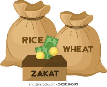 Zakat an Islamic Obligatory Charity. Vector Illustration of Wheat and Rice Grain Bags with Box of Coin and Paper Money