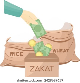Zakat an Islamic Obligatory Charity. Vector Illustration of Wheat and Rice Grain Bags with Box of Coin and Paper Money