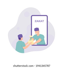 zakat online. alms online. illustration of a donor donating money or goods using a smartphone application. people who are doing transactions. flat style. vector design