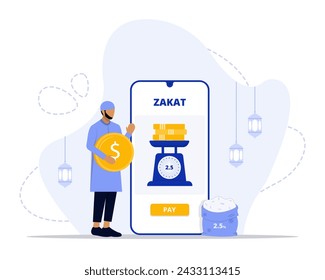 Ilustración del concepto de Zakat Online. Conveniente para la página de aterrizaje, ui, web, tarjeta de introducción de la aplicación, 
editorial, volante y banner.