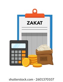 Zakat payment concept design flat vector illustration. Zakat document with calculator, money and sack of rice. stock illustration.