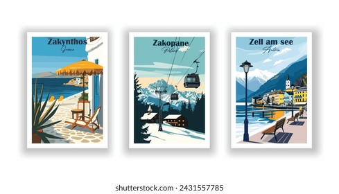 Zakopane, Polen. Zakynthos, Griechenland. Zell am See, Österreich - Set mit 3 Vintage-Reiseplakaten. Vektorgrafik. Qualitativ hochwertige Ausdrucke