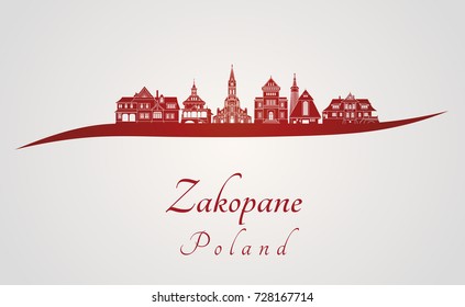 Zakopane skyline in red and gray background in editable vector file