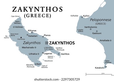 Zakynthos, Greek island, gray political map. Also Zakinthos or Zante, a part of the Ionian Islands of Greece, and a separate regional unit, with the same named capital Zakynthos. Illustration. Vector.