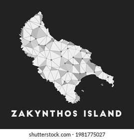 Zakynthos Island - Karte des Kommunikationsnetzes. Zakynthos Island trendiges geometrisches Design auf dunklem Hintergrund. Technologie, Internet, Netzwerk, Telekommunikationskonzept. Vektorgrafik.