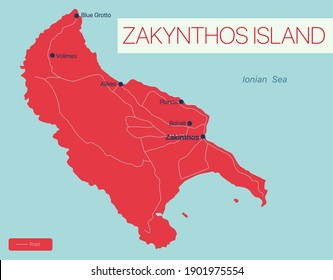 Zakynthos island detailed editable map with regions cities and towns, roads and railways, geographic sites. Vector EPS-10 file