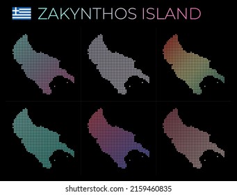 Mapa de puntos de la isla Zakynthos. Mapa de Zakynthos en estilo punteado. Las fronteras de la isla están llenas de hermosos círculos de gradientes lisos. Ilustración vectorial radiante.