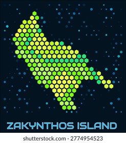 Zakynthos Island hexagon dots map. Digital style boundary shape. Zakynthos Island map and title. Large green colored hexagons, sparse blue dots at background. Vector Illustration.