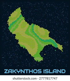 Zakynthos Island hexagon dots map. Digital style boundary shape. Zakynthos Island map and title. Tiny green colored hexagons, sparse blue dots at background. Vector Illustration.