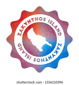 Zakynthos Island low poly logo. Colorful gradient travel logo in geometric style. Multicolored polygonal Zakynthos Island rounded sign with map for your infographics.