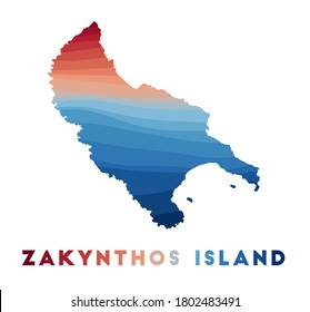 Zakynthos Island map. Map of the island with beautiful geometric waves in red blue colors. Vivid Zakynthos shape. Vector illustration.
