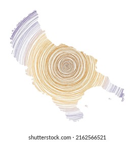 Zakynthos Island map filled with concentric circles. Sketch style circles in shape of the island. Vector Illustration.