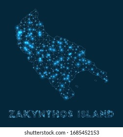 Zakynthos Island network map. Abstract geometric map of the island. Internet connections and telecommunication design. Stylish vector illustration.
