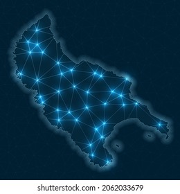 Mapa de la red de la isla Zakynthos. Mapa geométrico abstracto de la isla. Conexiones digitales y diseño de telecomunicaciones. Red de Internet brillante. Ilustración vectorial atractiva.