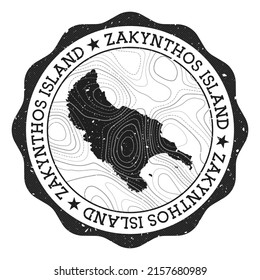 Zakynthos Island outdoor stamp. Round sticker with map with topographic isolines. Vector illustration. Can be used as insignia, logotype, label, sticker or badge of the Zakynthos Island.