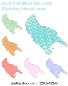 Zakynthos Island sketchy island map. Powerful hand drawn island map. Quaint childish style Zakynthos Island vector illustration.
