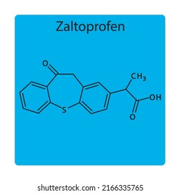 Zaltoprofen molecular structure, flat skeletal chemical formula. NSAID drug used to treat pain, inflammation, dental pain. blue background Vector illustration.