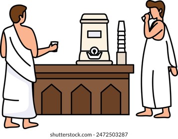 zam zam water drink while wearing Ahram Concept, Pilgrims at the Al-Masjid Al-Haram Mosque vector Icon, Eid al-Azha or Eid ul Kabir Symbol, Hajj Sign, Muslims religious Festival Stock illustration