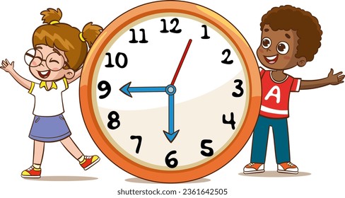 zaman kavramı öğretimi.Little Children Holding A Clock.Children with clock. Vector illustration of a boy and a girl with clocks.