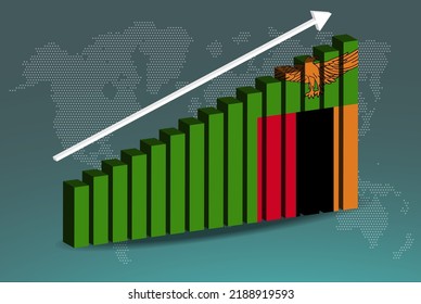 Zambia 3D bar chart graph vector, upward rising arrow on data, country statistics concept, Zambia country flag on 3D bar graph, increasing values, news banner idea