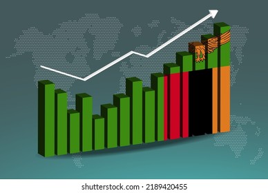 Zambia 3D bar chart graph with ups and downs, increasing values, Zambia country flag on 3D bar graph, upward rising arrow on data, news banner idea, developing country concept